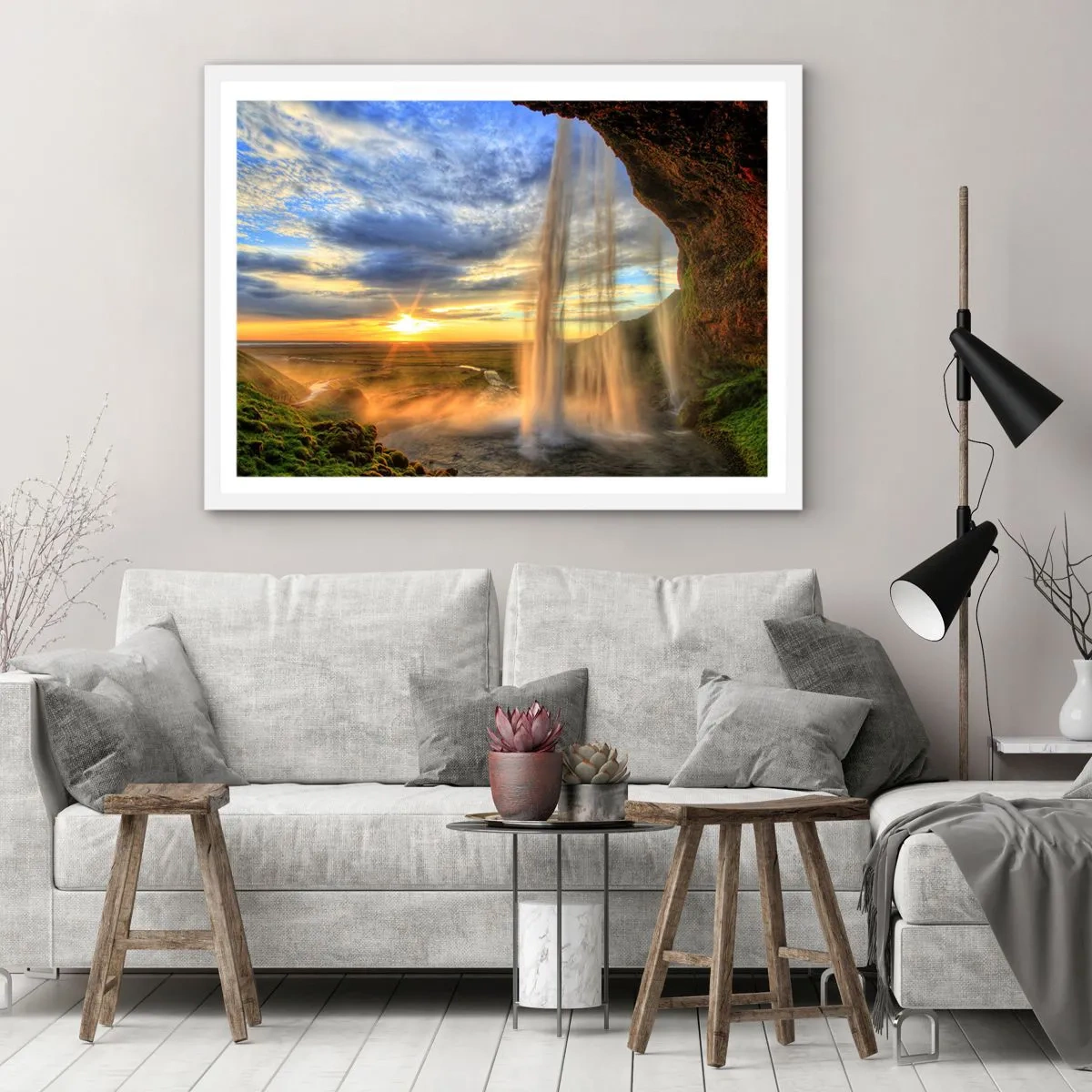 Affiche dans un cadre blanc - Poster - Le monde derrière un voile de gouttes - 100x70 cm