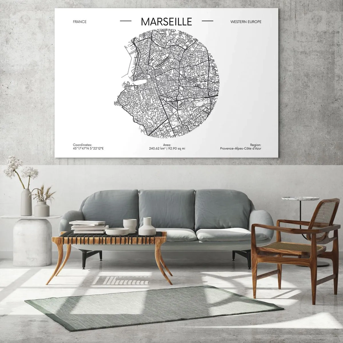 Impression sur verre - Image sur verre - Carte en noir et blanc de la ville de Marseille dans un style moderne - 70x50cm - Anatomie de Marseille - Décoration murale moderne pour le salon et la chambre ARTTOR