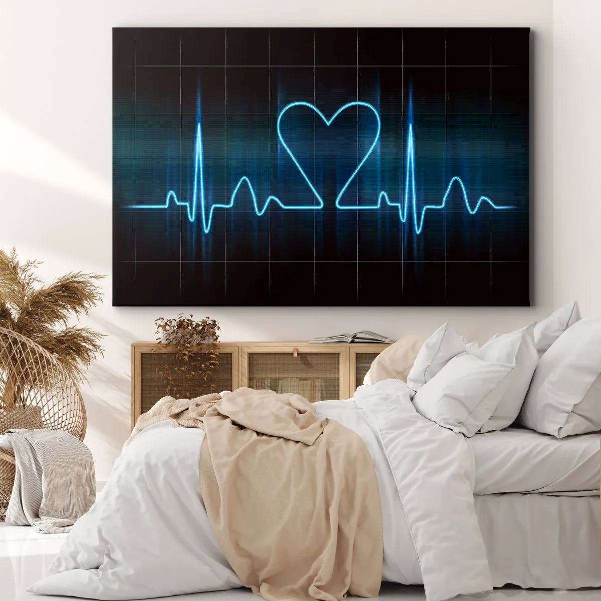 Impression sur toile - Image sur toile - Une ligne de vie avec un cœur sur un fond de surveillance médicale dans des tons bleus. - 100x70cm - Au rythme du cœur - Décoration murale moderne pour le salon et la chambre ARTTOR