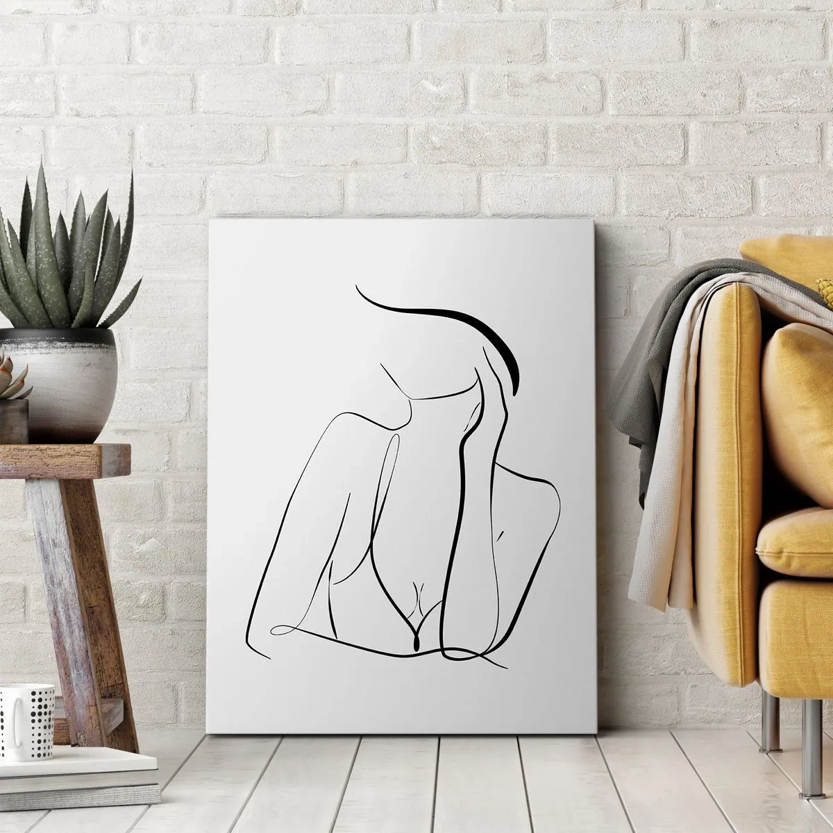 Impression sur toile - Image sur toile - Un croquis délicat d'une silhouette féminine dans un style minimaliste - 80x120cm - Sur les vague d'un rêve - Décoration murale moderne pour le salon et la chambre ARTTOR