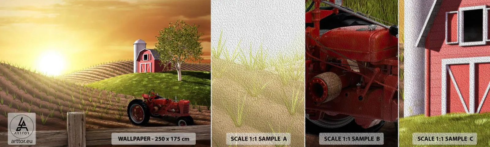 Échantillon de Papier Peint Premium Sand - Une ferme comme dans un conte de fées - Ferme, Paysage, Tracteur - 100x30 cm