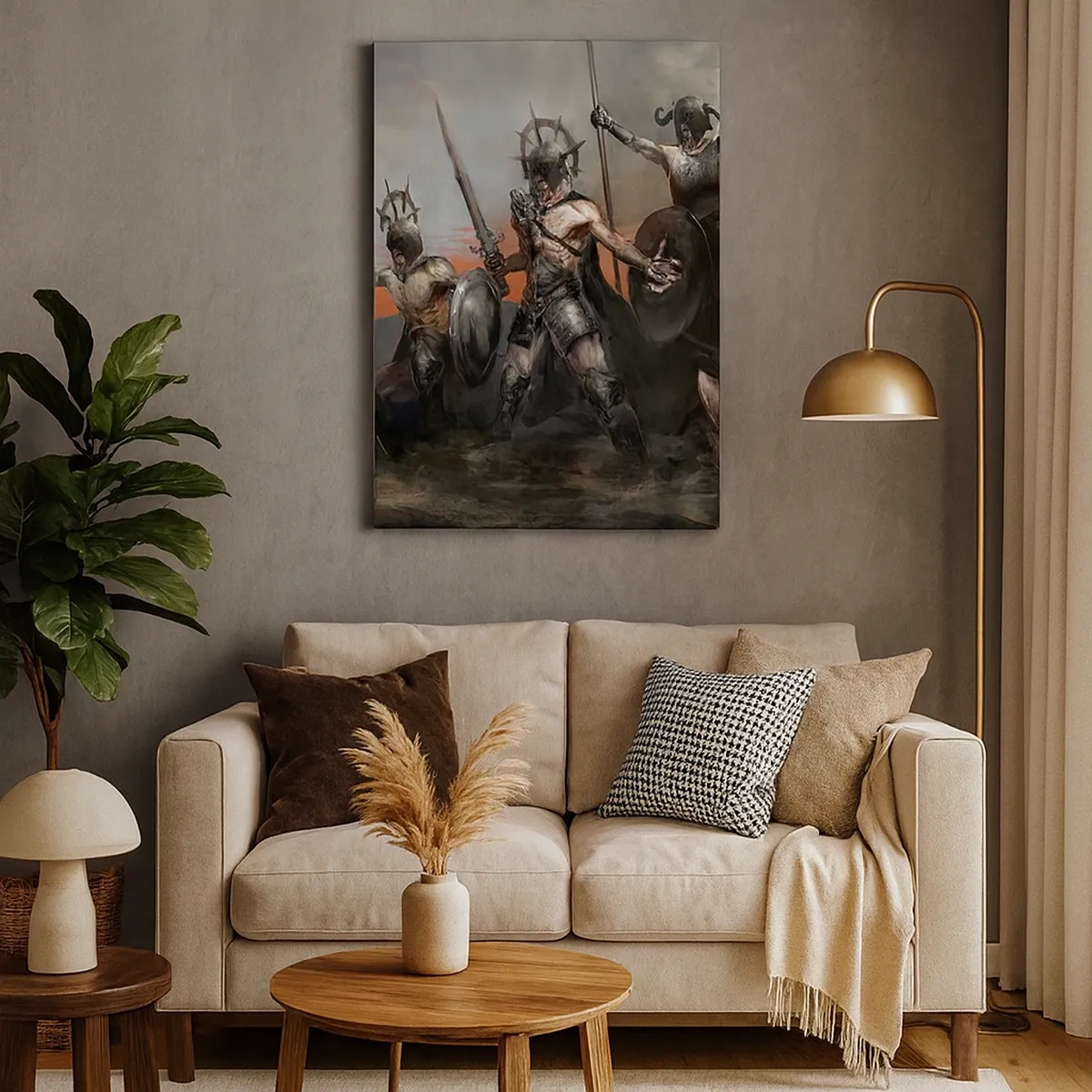 Impression sur toile - Image sur toile - Un groupe de guerriers en armure avec des lances sur fond de coucher de soleil - 50x70cm - Avec ou sur un bouclier - Décoration murale moderne pour le salon et la chambre ARTTOR