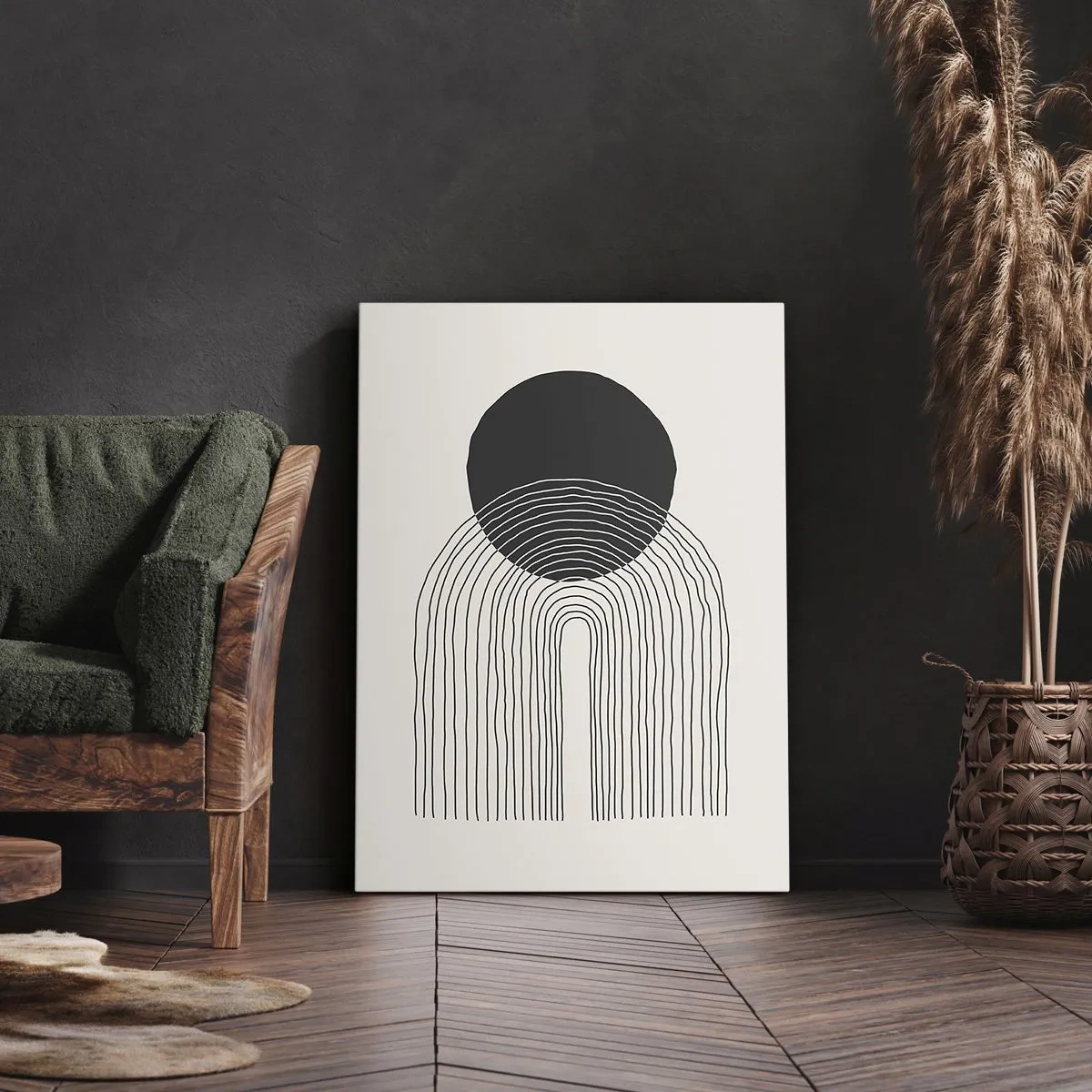 Impression sur toile - Image sur toile - Motif abstrait avec des lignes et un cercle noir sur un fond clair - 50x70cm - Tremblement et confiance - Décoration murale moderne pour le salon et la chambre ARTTOR