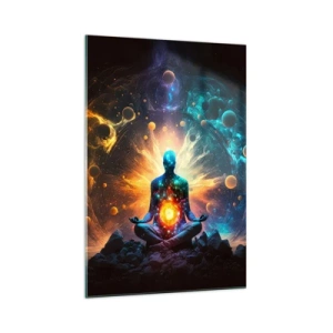 Impression sur verre - Image sur verre - Une figure en méditation entourée d'une aura cosmique - 70x100cm - Paix cosmique - Décoration murale moderne pour le salon et la chambre ARTTOR