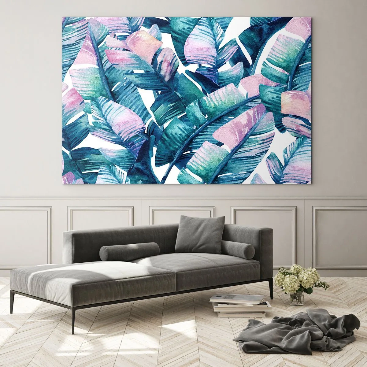 Impression sur verre - Image sur verre - Feuilles de bananier aux tons pastel sur fond blanc - 100x70cm - Dans une bananeraie - Décoration murale moderne pour le salon et la chambre ARTTOR