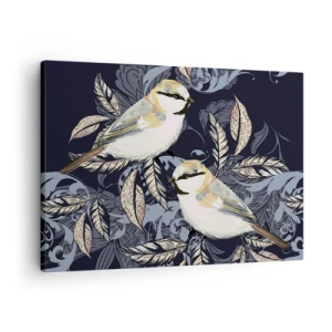 Impression sur toile - Image sur toile - Oiseaux sur des branches dans un arrière-plan ornemental - 70x50cm - Babillement jaune et bleu - Décoration murale moderne pour le salon et la chambre ARTTOR