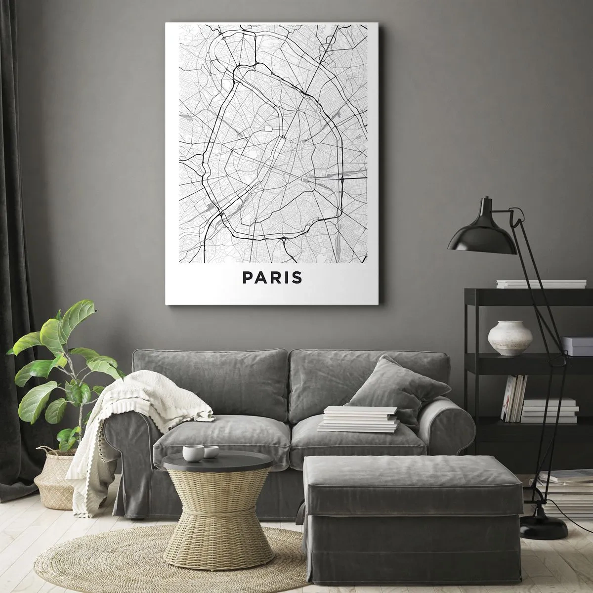 Impression sur toile - Image sur toile - Plan de ville minimaliste en noir et blanc - 80x120cm - Fleur de Paris - Décoration murale moderne pour le salon et la chambre ARTTOR