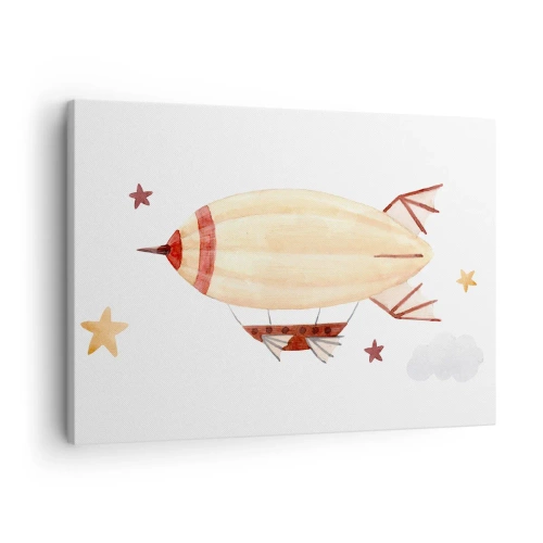 Impression sur toile - Image sur toile - Un dirigeable peint à la main sur fond d'étoiles - 70x50cm - Dirigeable - Décoration murale moderne pour le salon et la chambre ARTTOR