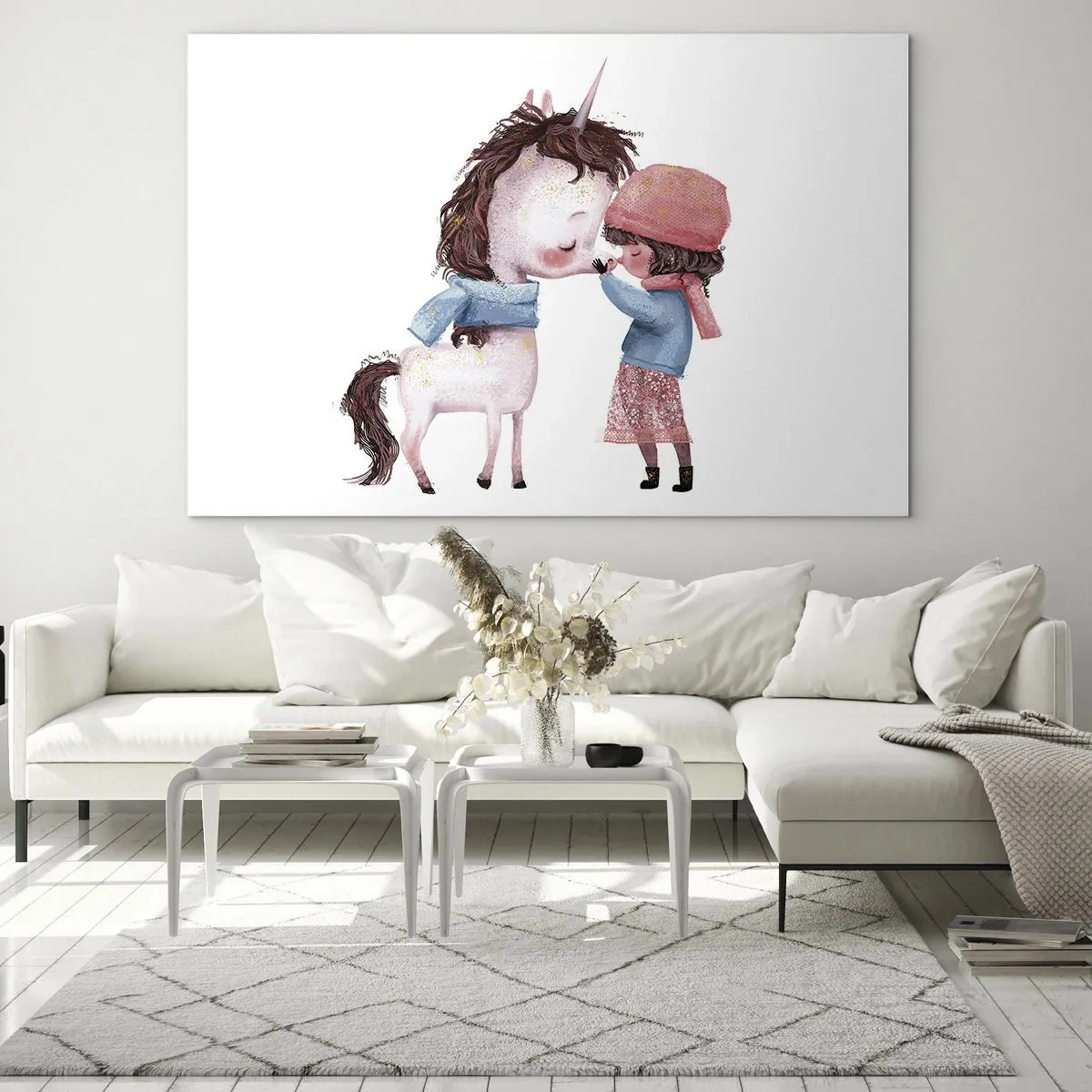 Impression sur verre - Image sur verre - Une fille et une licorne dans un paysage hivernal - 70x50cm - Histoire d'hiver - Décoration murale moderne pour le salon et la chambre ARTTOR