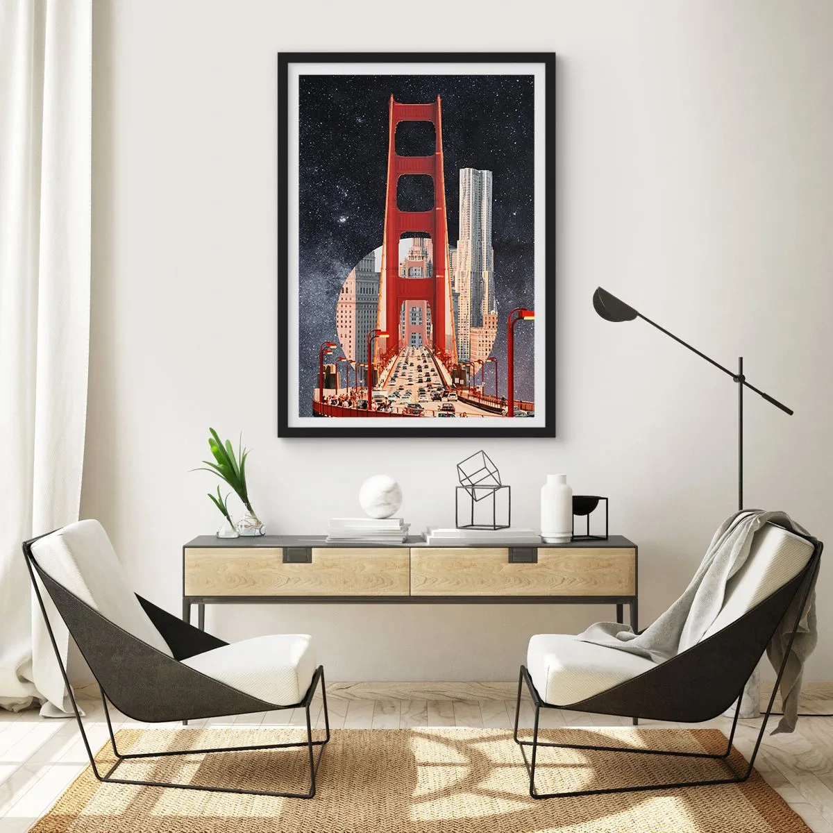 Affiche dans un cadre noir - Poster - Un pont et des gratte-ciels contre le ciel étoilé - 50x70cm - Toujours au centre - Décoration murale moderne pour le salon et la chambre ARTTOR