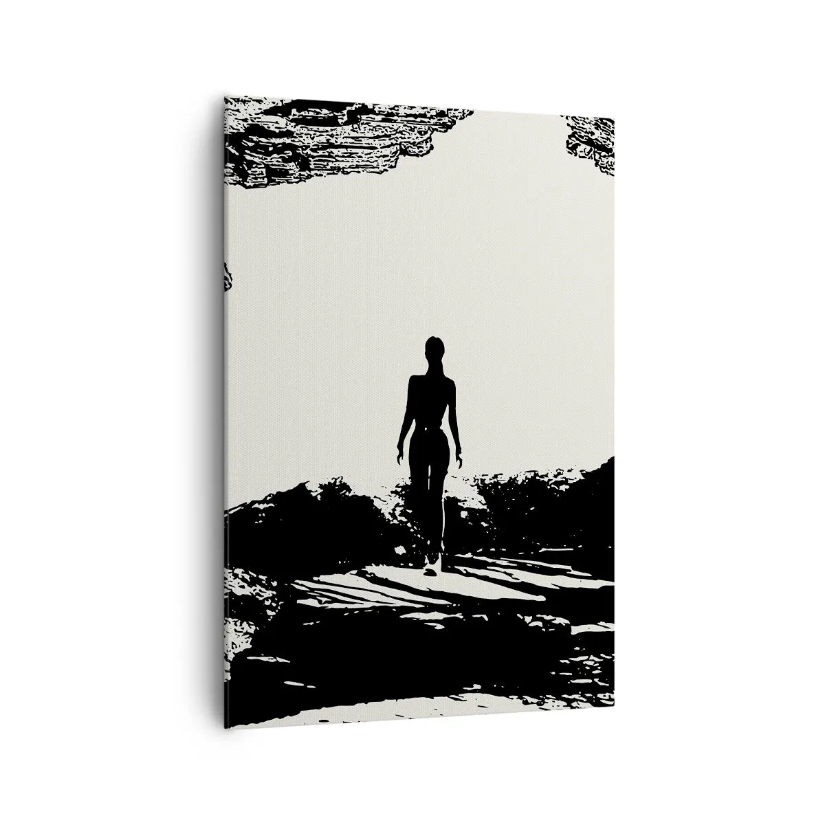 Impression sur toile - Image sur toile - Silhouette noire et blanche d'une femme dans une grotte contre le ciel - 70x100cm - Nouveau look - Décoration murale moderne pour le salon et la chambre ARTTOR
