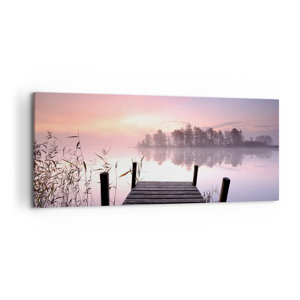 Impression sur toile - Image sur toile - Une jetée au bord du lac à l'aube avec du brouillard et un ciel pastel - 120x50cm - De la brume lilas… - Décoration murale moderne pour le salon et la chambre ARTTOR