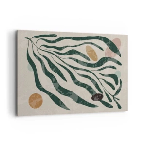 Impression sur toile - Image sur toile - Lignes et formes organiques en vert et beige - 120x80cm - Parmi la verdure - Décoration murale moderne pour le salon et la chambre ARTTOR