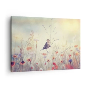 Impression sur toile - Image sur toile - Un oiseau sur fond de prairie colorée aux couleurs pastel - 70x50cm - Portrait d'oiseau sur pré en fond - Décoration murale moderne pour le salon et la chambre ARTTOR