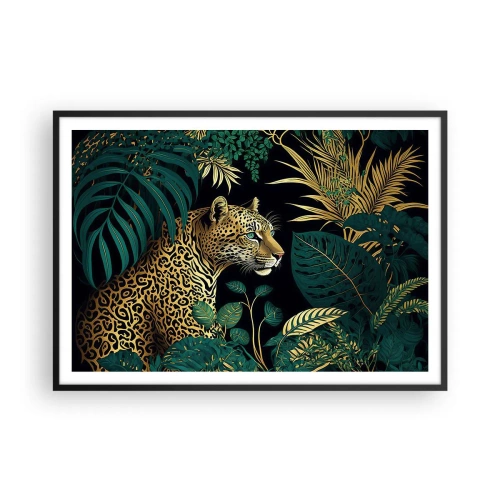 Affiche dans un cadre noir - Poster - Léopard dans des feuilles tropicales sur fond noir - 100x70cm - Un hôte dans la jungle - Décoration murale moderne pour le salon et la chambre ARTTOR