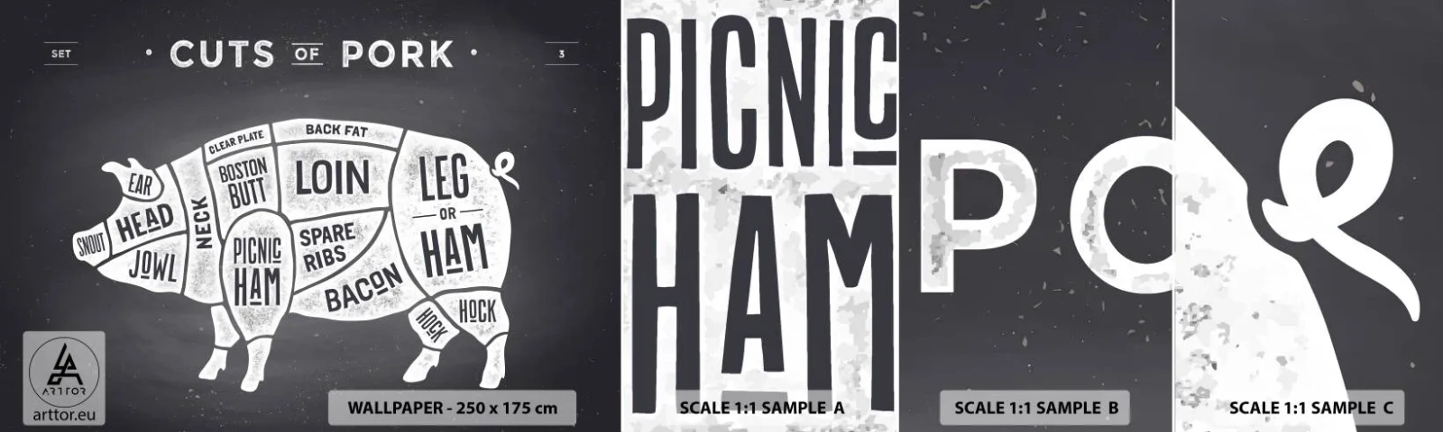 Échantillon De Papier Peint Standard Eco - L'art de la découpe - La gastronomie, Animal Cochon, Porc - 100x30 cm