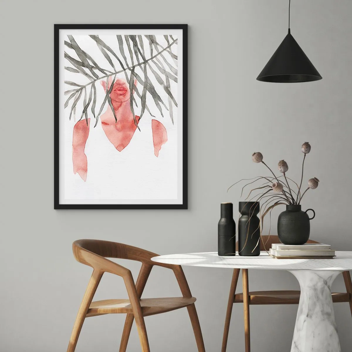 Affiche dans un cadre noir - Poster - Silhouette aquarelle d'une femme cachée derrière des feuilles - 50x70cm - Dame des tropiques - Décoration murale moderne pour le salon et la chambre ARTTOR