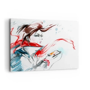 Impression sur toile - Image sur toile - Une femme portant un foulard rouge avec des traits d'aquarelle dynamiques - 120x80cm - Quelque chose se passe en moi - Décoration murale moderne pour le salon et la chambre ARTTOR