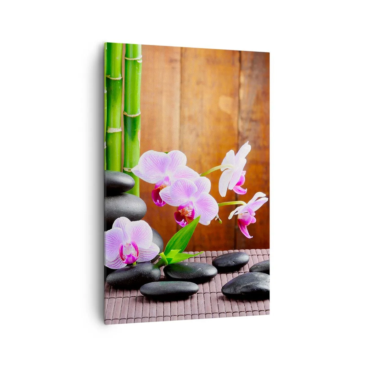 Impression sur toile - Image sur toile - Bambou de style zen, pierres et orchidées roses sur fond de bois - 80x120cm - Rencontrez les plaisirs de l'est - Décoration murale moderne pour le salon et la chambre ARTTOR