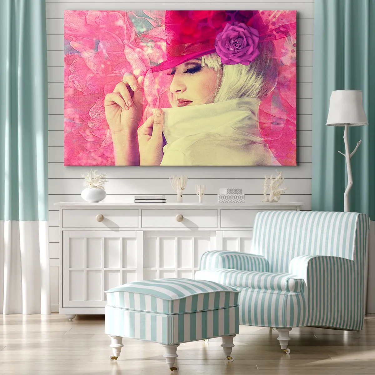 Impression sur toile - Image sur toile - Femme élégante avec un chapeau rose avec une fleur - 70x50cm - Portrait rétro dans une brume rose - Décoration murale moderne pour le salon et la chambre ARTTOR
