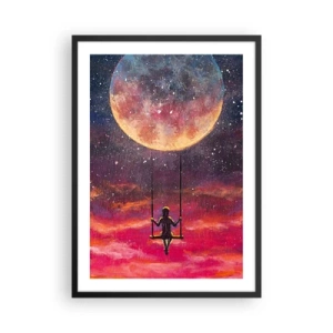 Affiche dans un cadre noir - Poster - Fille sur une balançoire sous la pleine lune - 50x70cm - Se balancer dans les nuages - Décoration murale moderne pour le salon et la chambre ARTTOR