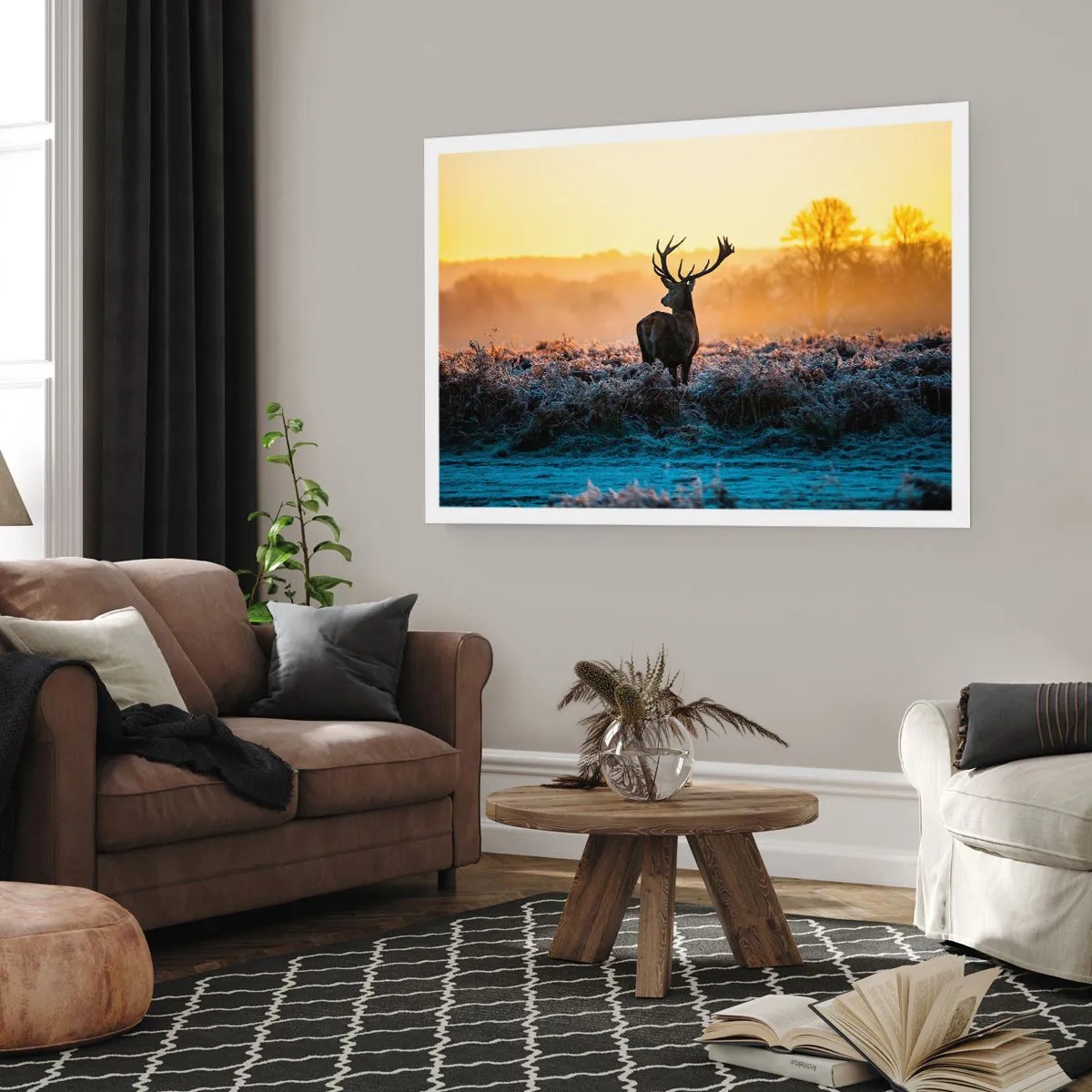 Affiche - Poster - Un cerf dans une clairière gelée au lever du soleil - 100x70cm - Couronné pour sa succession - Décoration murale moderne pour le salon et la chambre ARTTOR