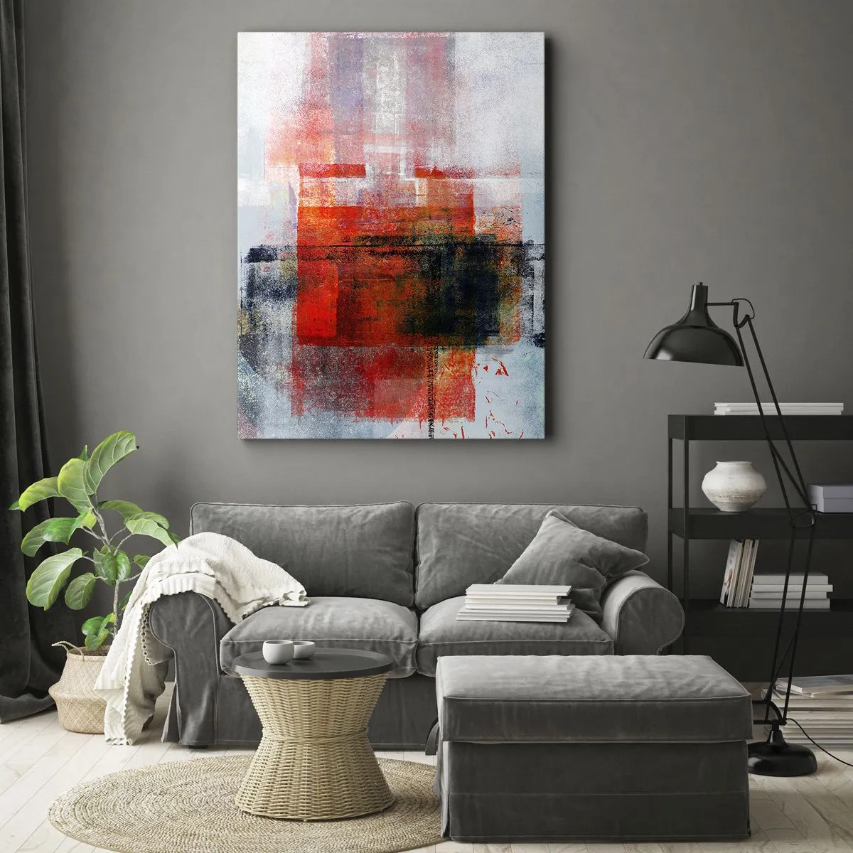 Impression sur toile - Image sur toile - Composition géométrique abstraite avec des accents rouges et oranges - 50x70cm - Composition embrasée - Décoration murale moderne pour le salon et la chambre ARTTOR