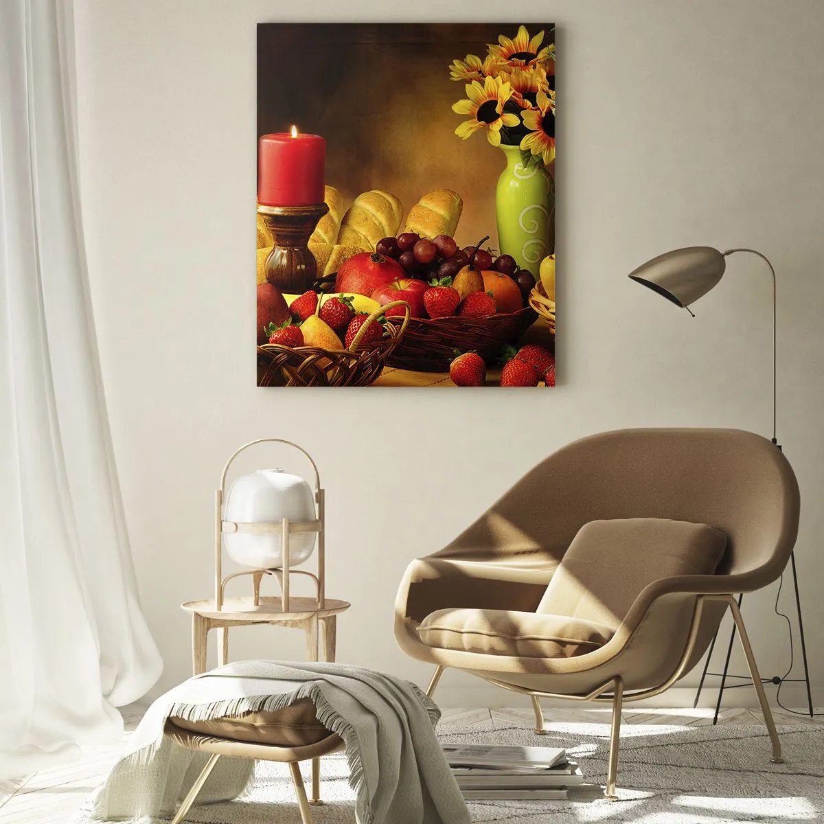 Impression sur verre - Image sur verre - Une composition de fruits, de pain et d'une bougie dans un style rustique - 50x70cm - Nature morte de pain et de fruits - Décoration murale moderne pour le salon et la chambre ARTTOR