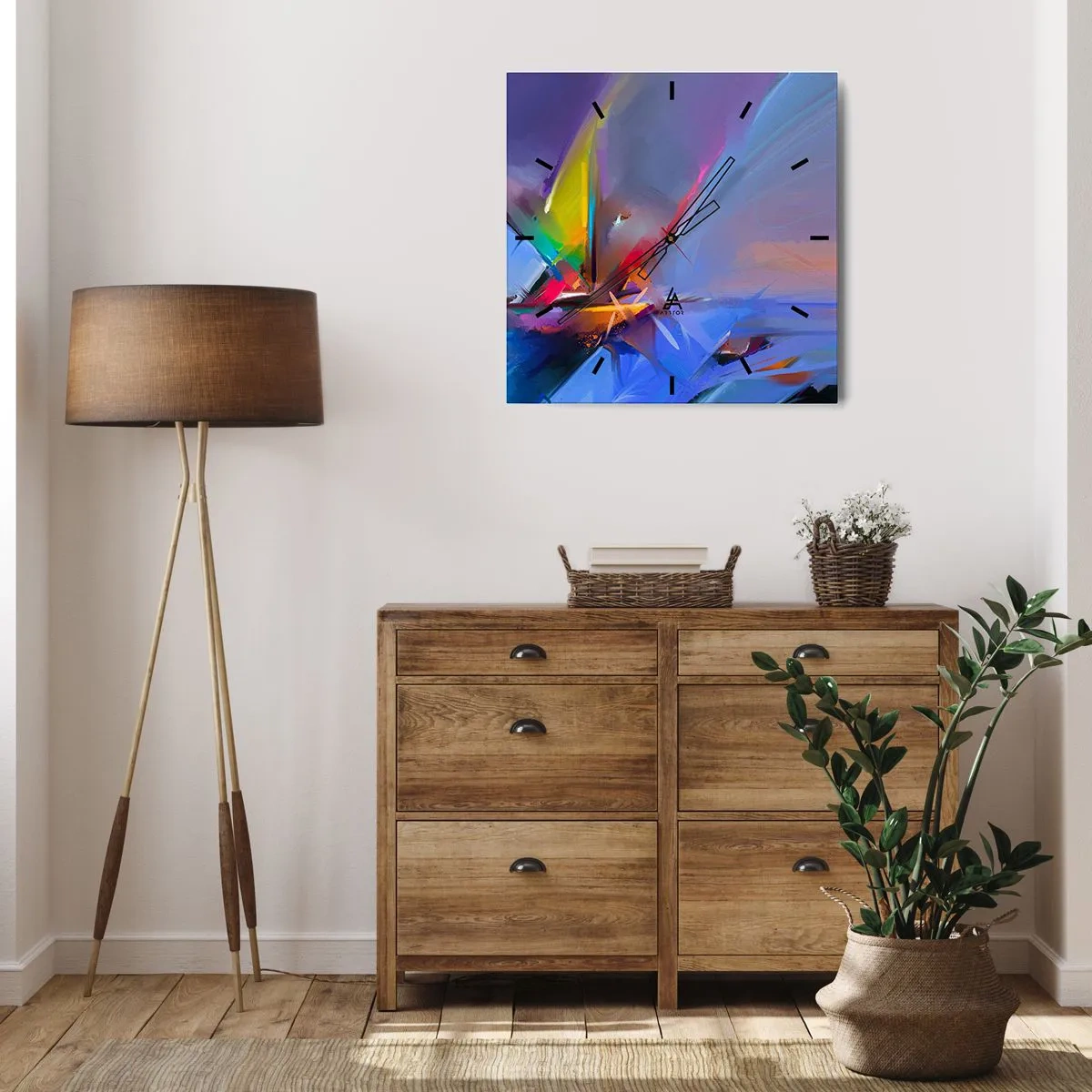 Horloge murale - Pendule murale - Composition abstraite aux couleurs intenses - 30x30cm - Hélices comme un oiseau - Décoration murale moderne pour le salon et la chambre ARTTOR
