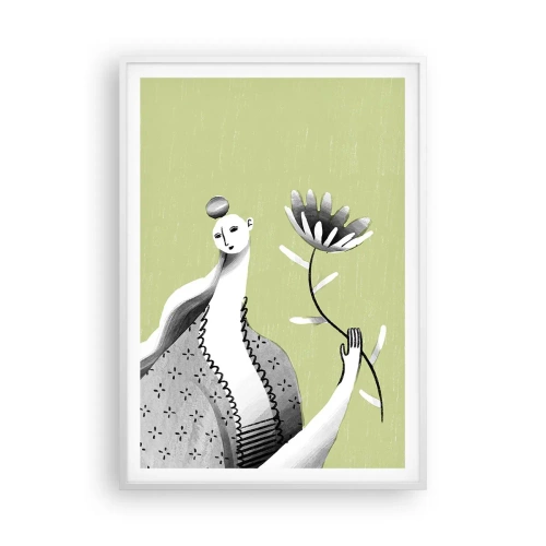 Affiche dans un cadre blanc - Poster - Portrait moderniste – tenant une fleur - 70x100 cm