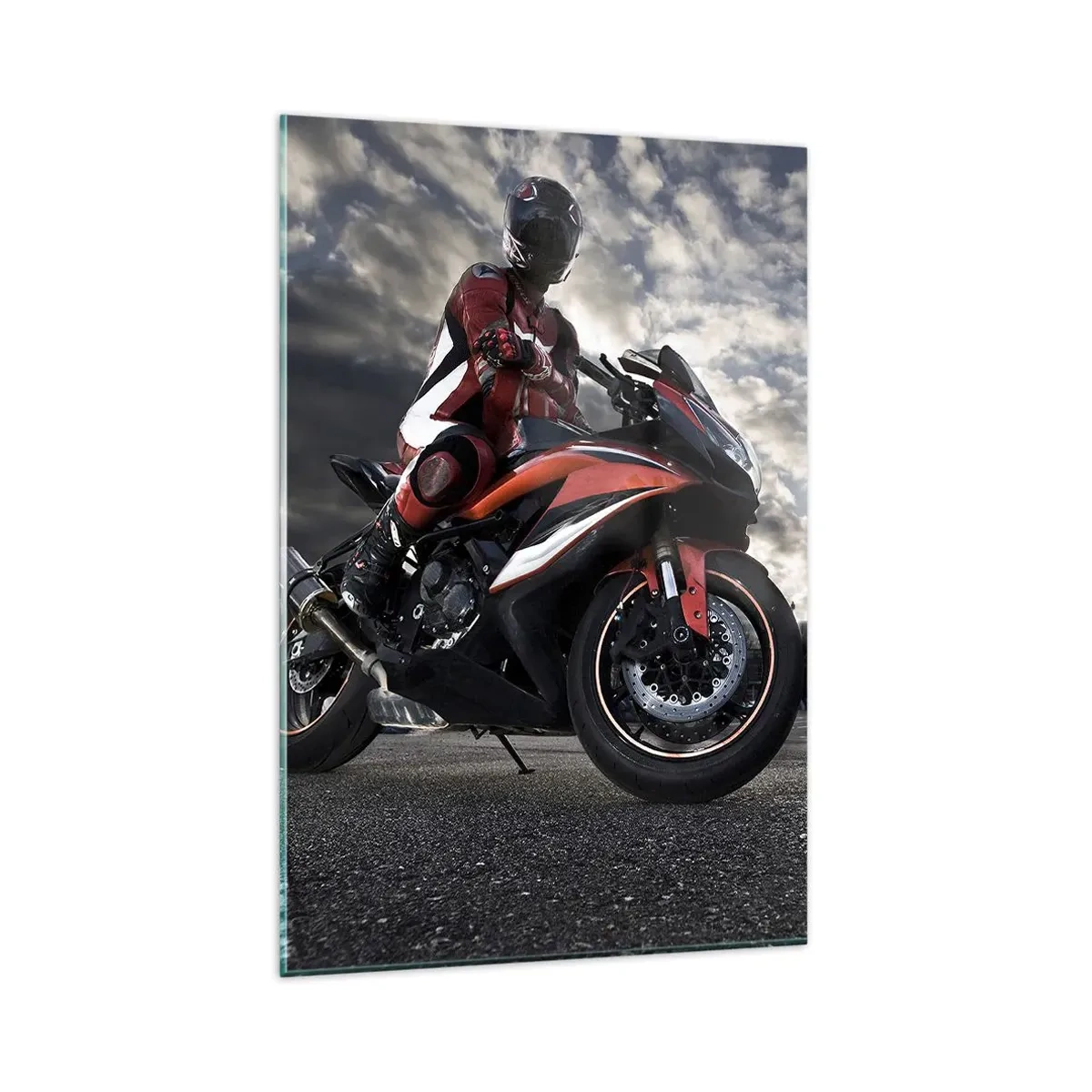Impression sur verre - Image sur verre - Un motocycliste sur une moto de sport contre un ciel nuageux - 80x120cm - Cavalier noir - Décoration murale moderne pour le salon et la chambre ARTTOR