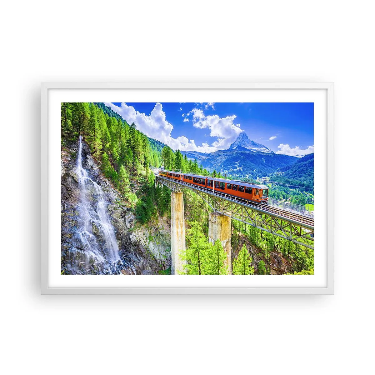 Affiche dans un cadre blanc - Poster - Train dans les Alpes - 70x50 cm