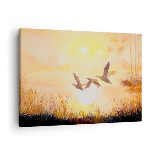 Impression sur toile - Image sur toile - Canards volant au lever du soleil au-dessus du lac - 70x50cm - Le début d'un long voyage - Décoration murale moderne pour le salon et la chambre ARTTOR