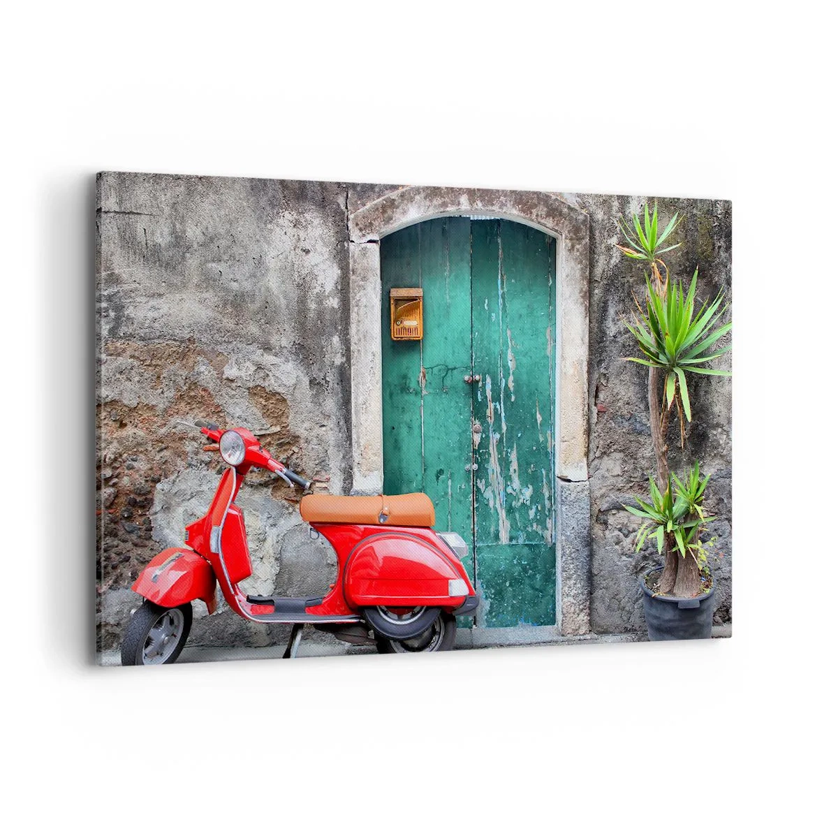 Impression sur toile - Image sur toile - Scooter rouge près de la porte verte - 120x80cm - Vacances italiennes - Décoration murale moderne pour le salon et la chambre ARTTOR