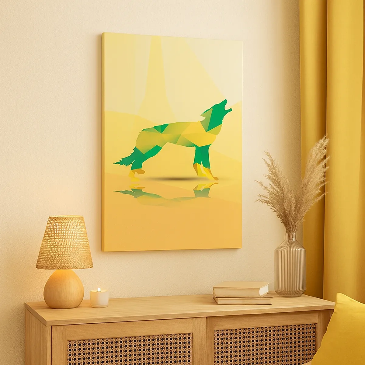 Impression sur toile - Image sur toile - Silhouette de loup géométrique dans les tons verts et jaunes - 50x70cm - Loup solitaire - Décoration murale moderne pour le salon et la chambre ARTTOR