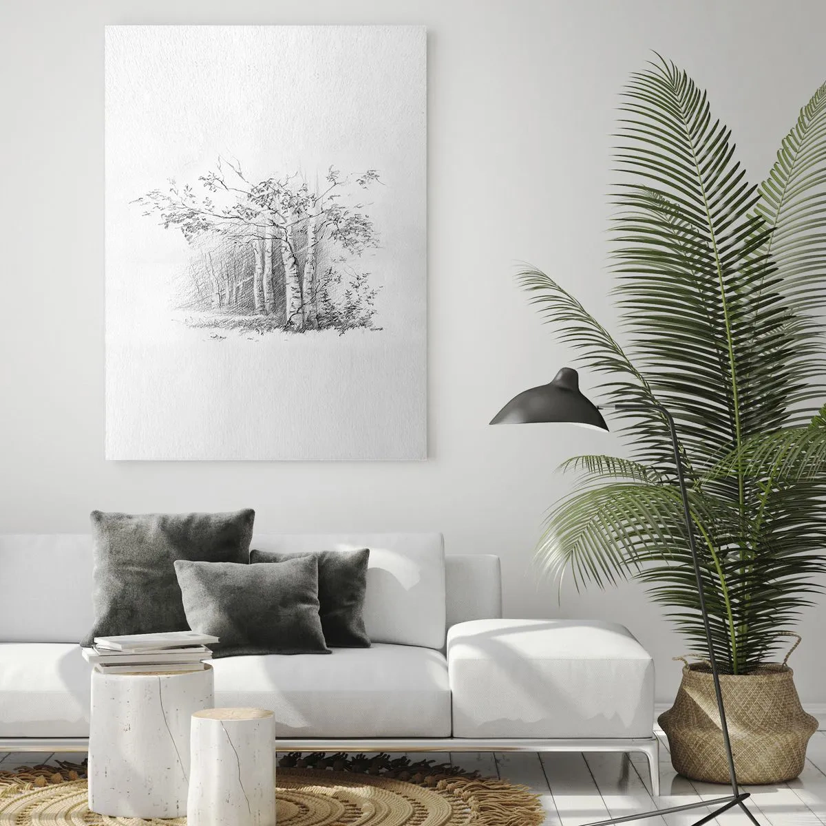 Impression sur verre - Image sur verre - Un dessin d'une forêt de bouleaux dans un croquis au crayon subtil - 80x120cm - Lumière d'une forêt de bouleaux - Décoration murale moderne pour le salon et la chambre ARTTOR