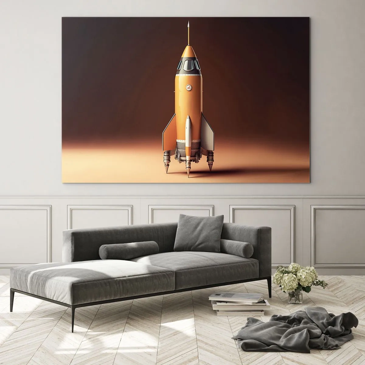 Impression sur verre - Image sur verre - Une fusée orange sur un fond de lumière douce - 70x50cm - Ça commence par un rêve - Décoration murale moderne pour le salon et la chambre ARTTOR