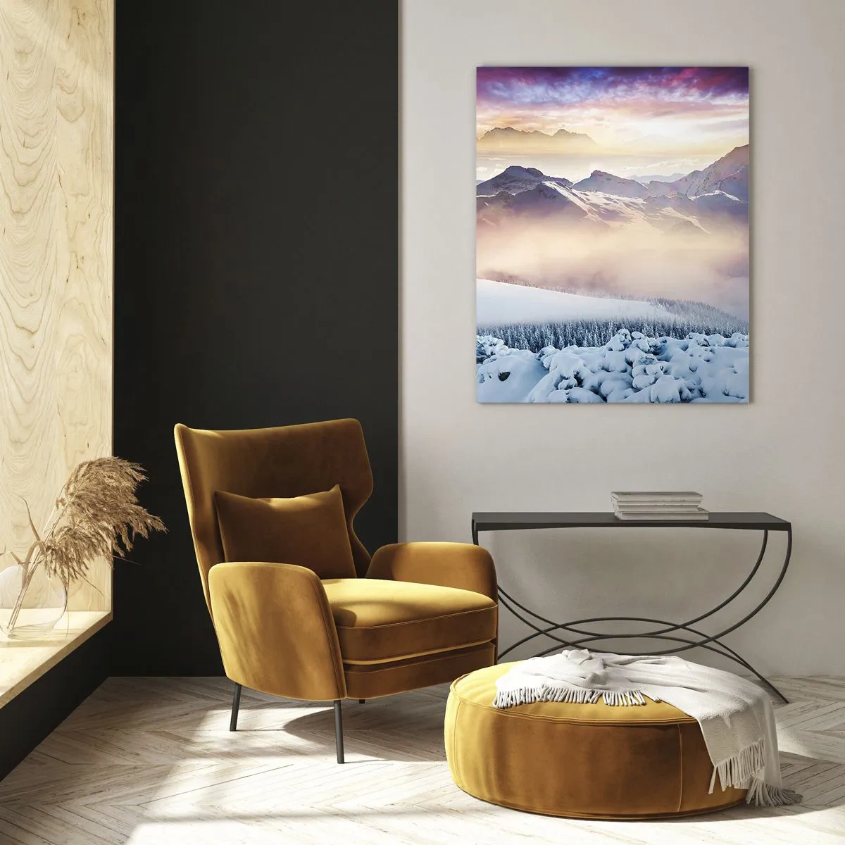 Impression sur verre - Image sur verre - Montagnes enneigées à l'aube avec un ciel coloré - 80x120cm - La force et la pureté de la nature - Décoration murale moderne pour le salon et la chambre ARTTOR