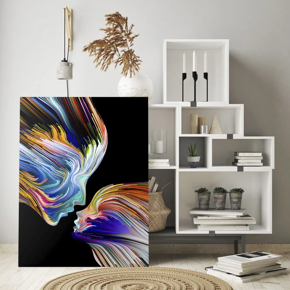 Impression sur verre - Image sur verre - Silhouettes colorées de visages dans des flux dynamiques sur fond noir - 70x100cm - Une fusion d'énergie et de lumière - Décoration murale moderne pour le salon et la chambre ARTTOR