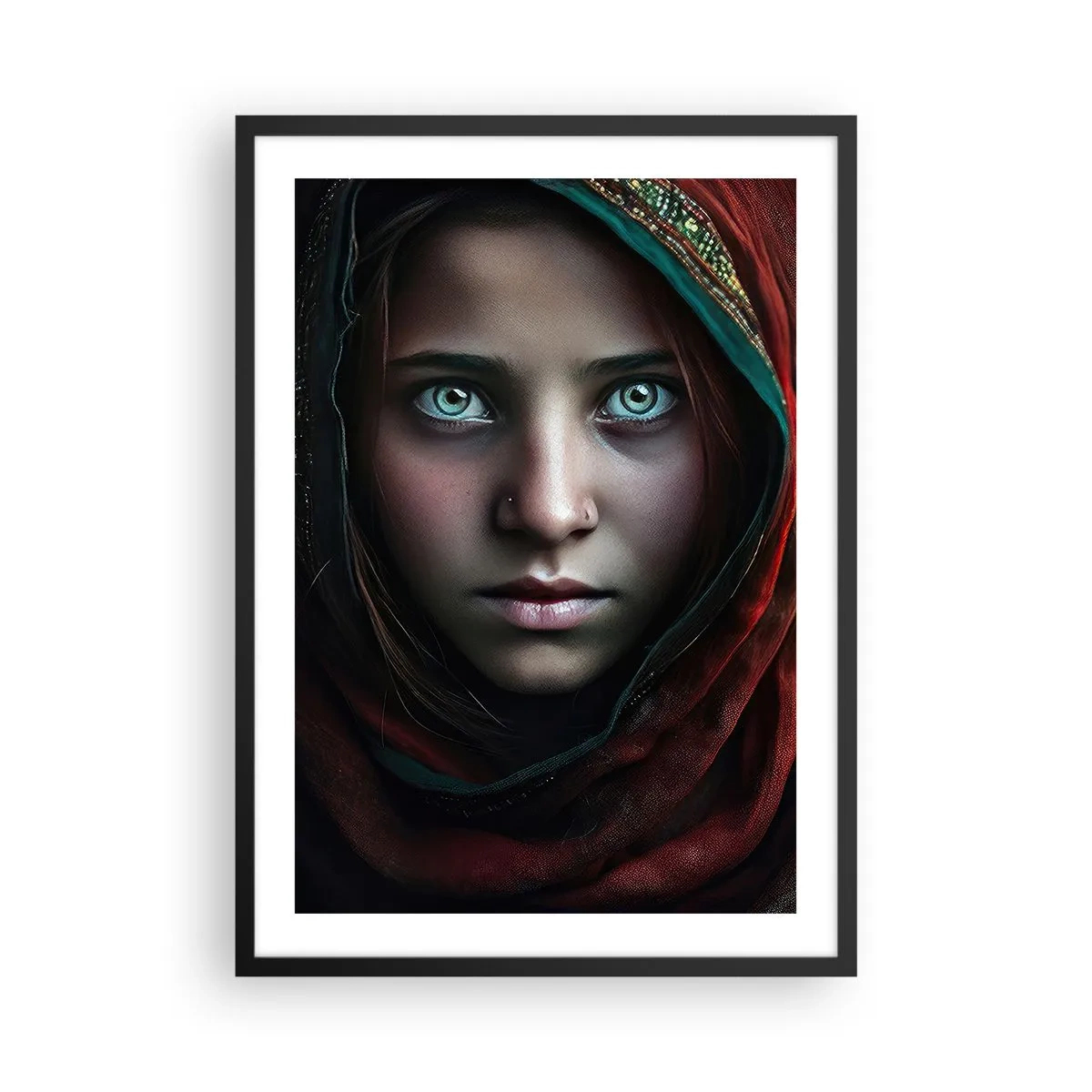 Affiche dans un cadre noir - Poster - Portrait d'une fille dans un châle rouge avec des yeux hypnotisants - 50x70cm - Princesse orientale - Décoration murale moderne pour le salon et la chambre ARTTOR