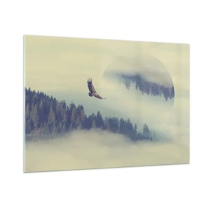 Impression sur verre - Image sur verre - Un aigle en vol au-dessus d'une forêt enveloppée de brume avec un reflet surréaliste. - 100x70cm - J'ai vu l'ombre d'un aigle - Décoration murale moderne pour le salon et la chambre ARTTOR