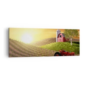 Impression sur toile - Image sur toile - Paysage rural avec une grange rouge, un tracteur et un lever de soleil - 140x50cm - Une ferme comme dans un conte de fées - Décoration murale moderne pour le salon et la chambre ARTTOR