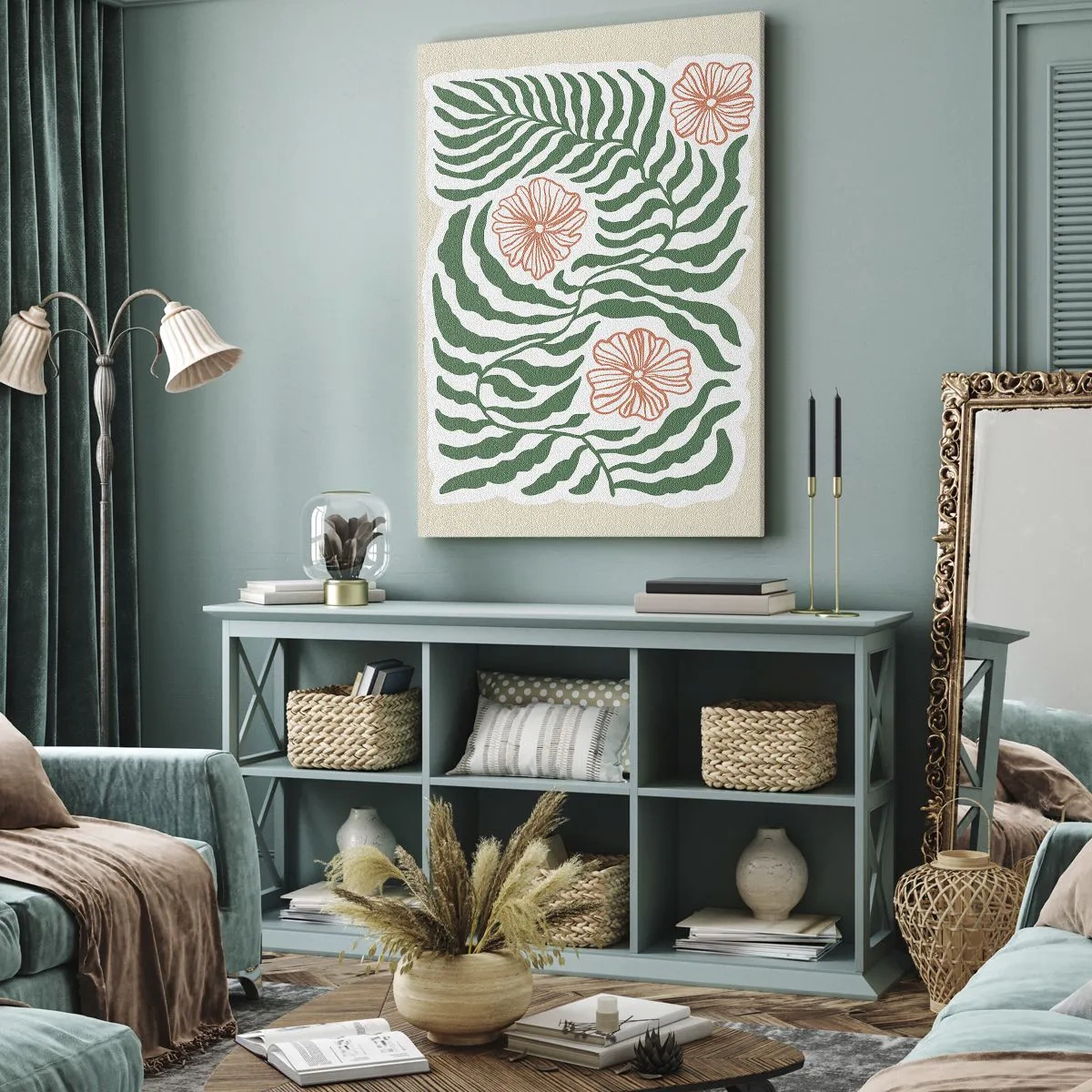 Impression sur toile - Image sur toile - Un motif minimaliste de feuilles vertes avec des fleurs dans des tons orange. - 50x70cm - Fleurit en vert - Décoration murale moderne pour le salon et la chambre ARTTOR