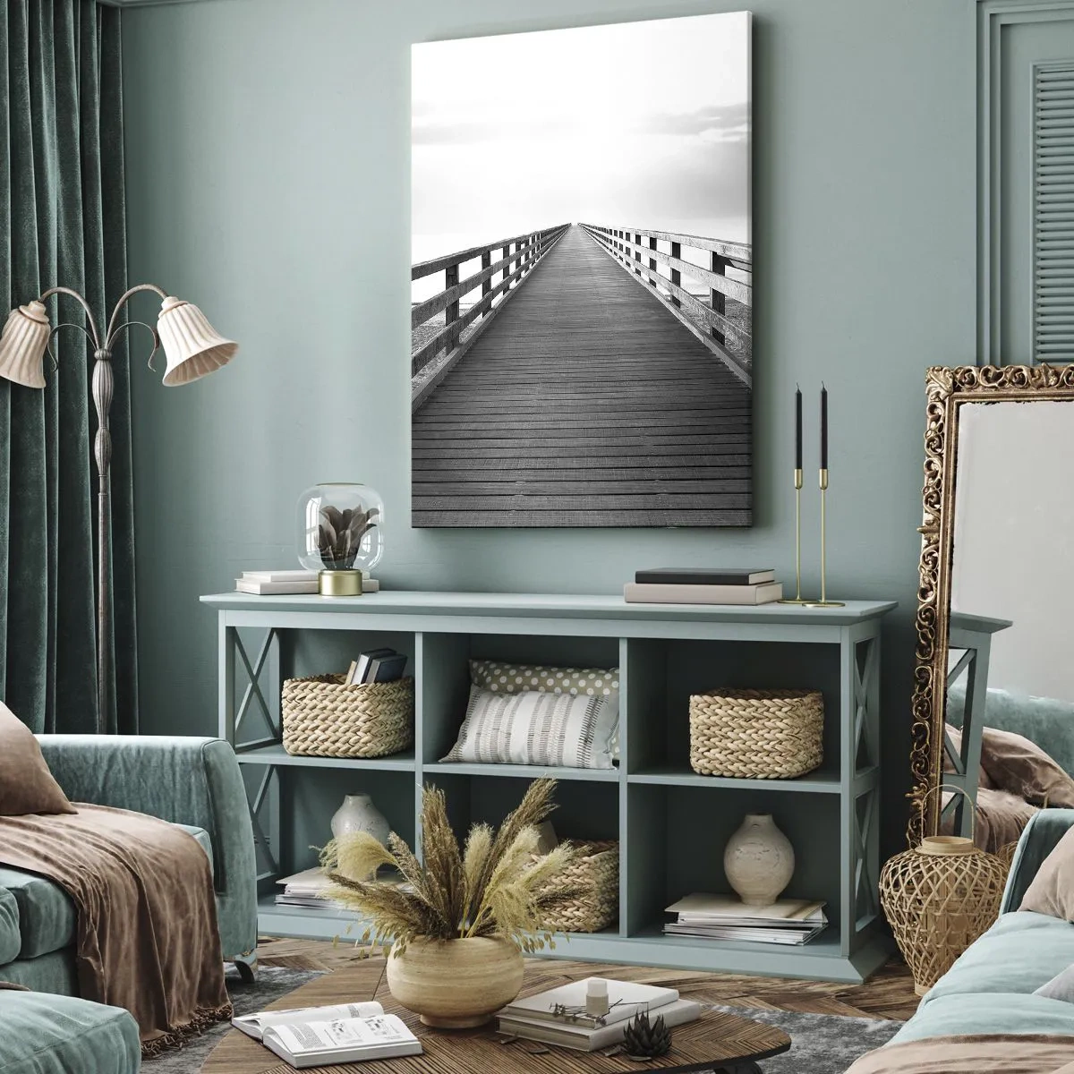 Impression sur toile - Image sur toile - Une image en noir et blanc d'une jetée en bois menant vers l'horizon. - 70x100cm - A perte de vue... - Décoration murale moderne pour le salon et la chambre ARTTOR