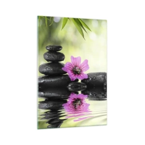 Impression sur verre - Image sur verre - Des pierres zen et une fleur rose se reflétant dans l'eau - 70x100cm - Temps pour l'âme - Décoration murale moderne pour le salon et la chambre ARTTOR