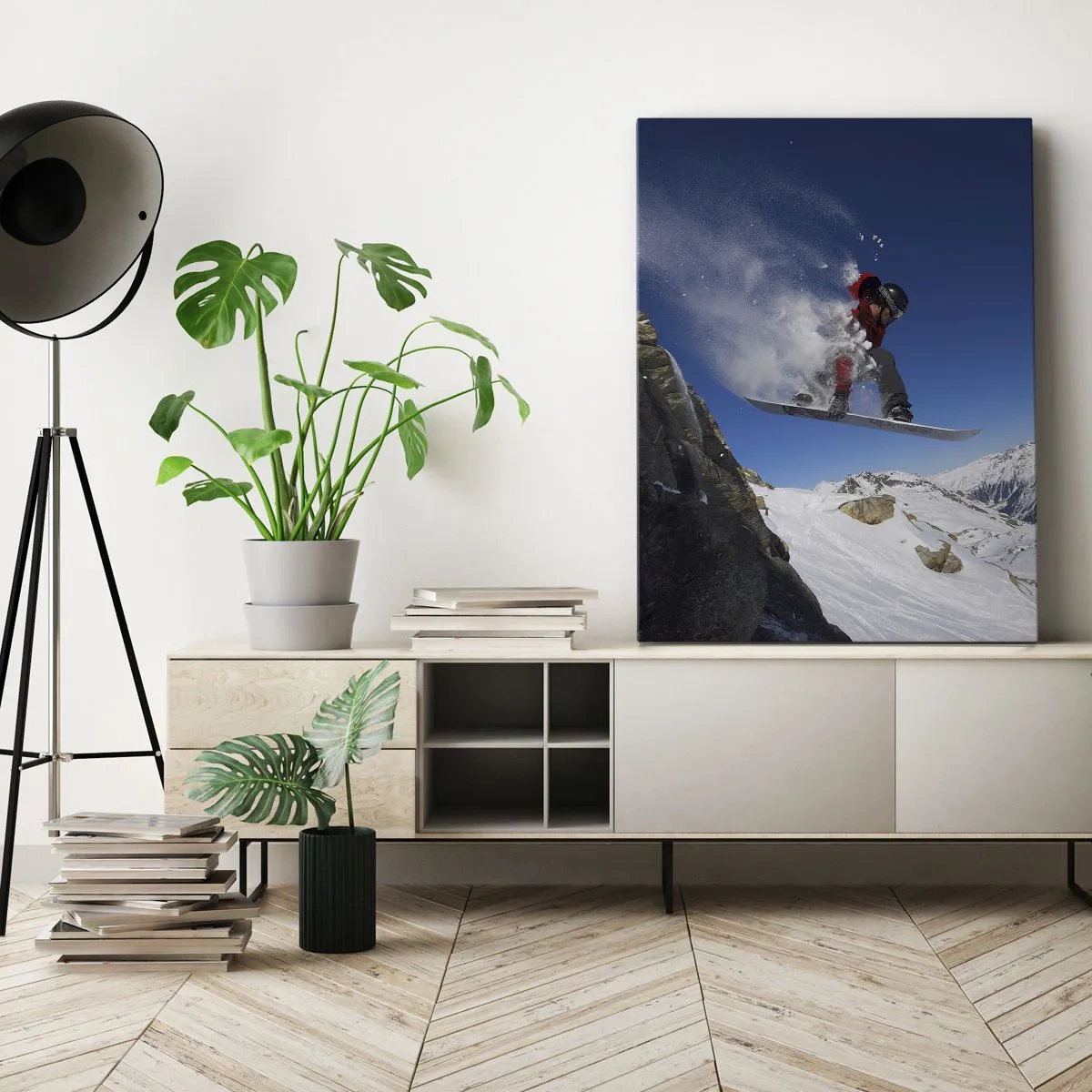 Impression sur toile - Image sur toile - Un snowboarder saute d'un rocher dans un paysage montagneux - 70x100cm - Et tu es devenu une partie de l'espace - Décoration murale moderne pour le salon et la chambre ARTTOR