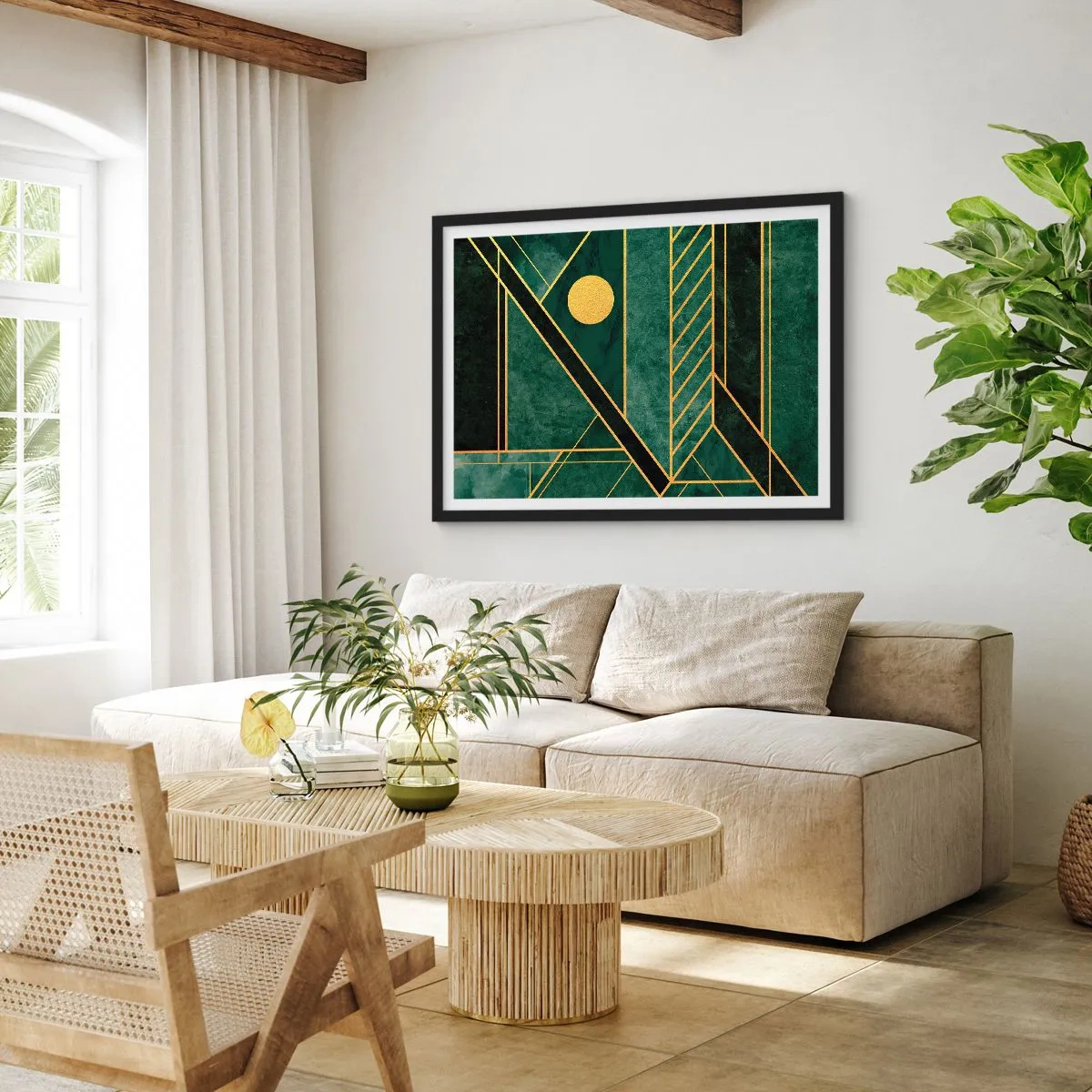 Affiche dans un cadre noir - Poster - Design géométrique vert et or avec un motif élégant - 70x50cm - Dynamique or et azur - Décoration murale moderne pour le salon et la chambre ARTTOR