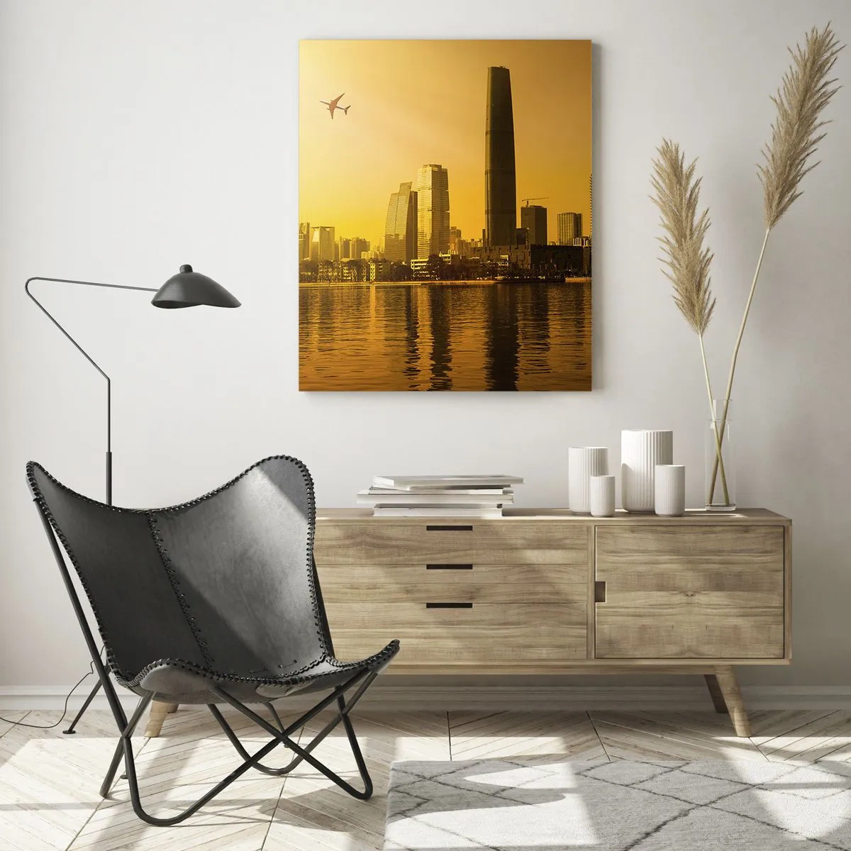 Impression sur verre - Image sur verre - Panorama de la ville au coucher du soleil avec des gratte-ciels et un avion - 80x120cm - La ville en or - Décoration murale moderne pour le salon et la chambre ARTTOR