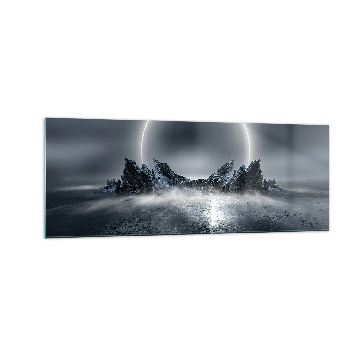 Impression sur verre - Image sur verre - Paysage mystérieux avec un anneau de lumière au-dessus des montagnes - 140x50cm - La fin de l'histoire - Décoration murale moderne pour le salon et la chambre ARTTOR
