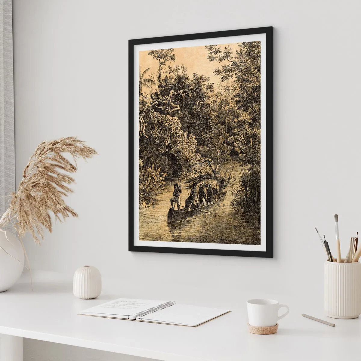 Affiche dans un cadre noir - Poster - Une gravure d'une forêt tropicale et d'un bateau sur une rivière - 50x70cm - Expédition à la source - Décoration murale moderne pour le salon et la chambre ARTTOR